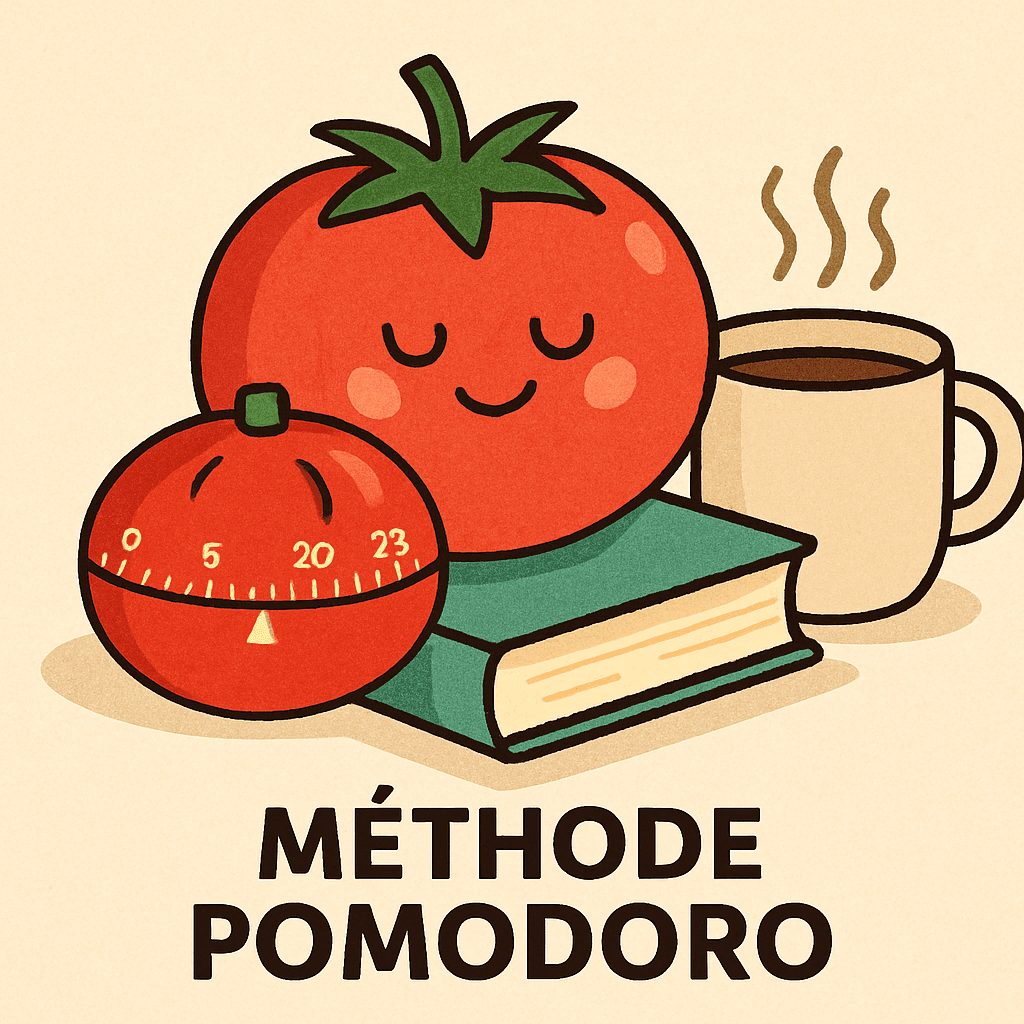 Tomate stylisée avec livre, minuteur, tasse de café pour Méthode Pomodoro
