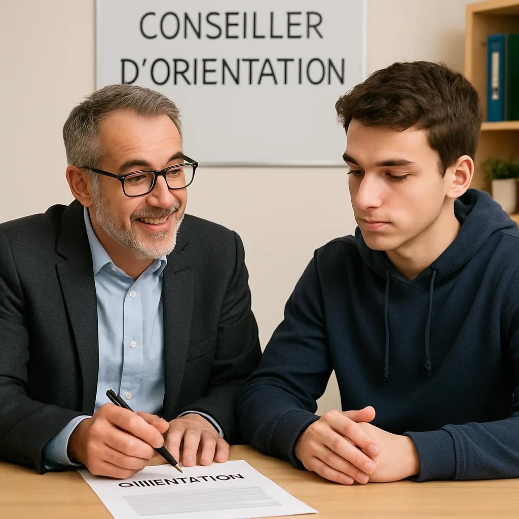Conseiller d'orientation aidant un étudiant