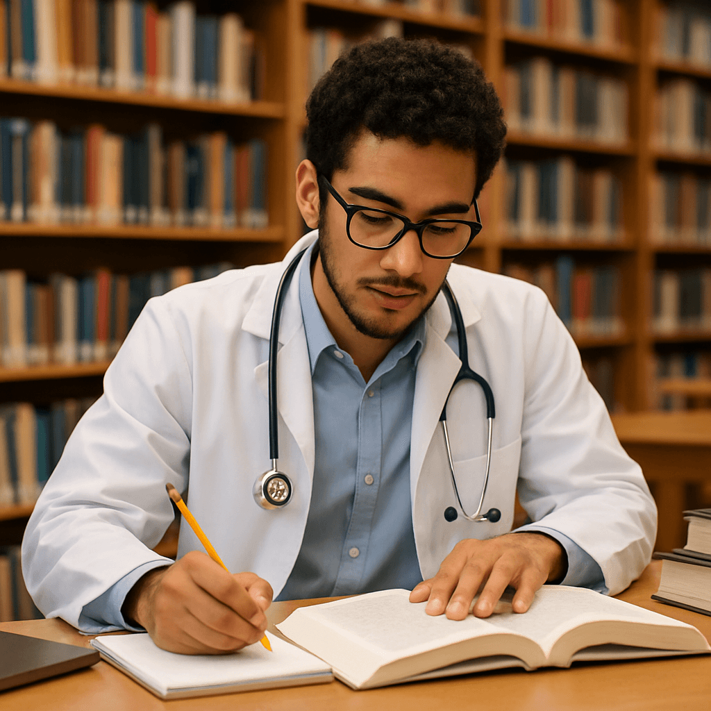 Concours ESA le guide pour devenir médecin militaire 1 Étudiant en médecine préparant le concours ESA en bibliothèque