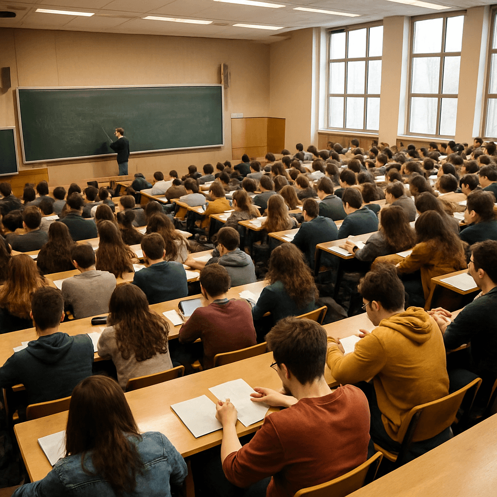 Amphithéâtre rempli d'étudiants pendant un cours magistral