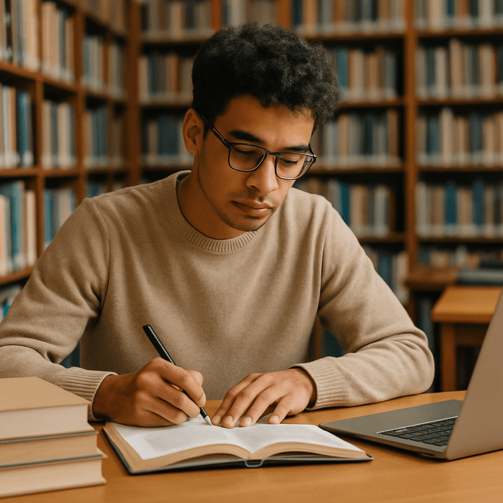 Étudiante travaillant en bibliothèque avec ses notes de cours