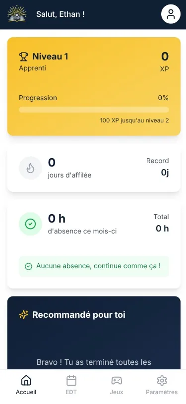 Accueil élève — niveau, XP et progression dans l'application