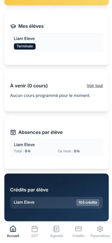 Tableau de bord professeur — élèves, cours à venir et absences