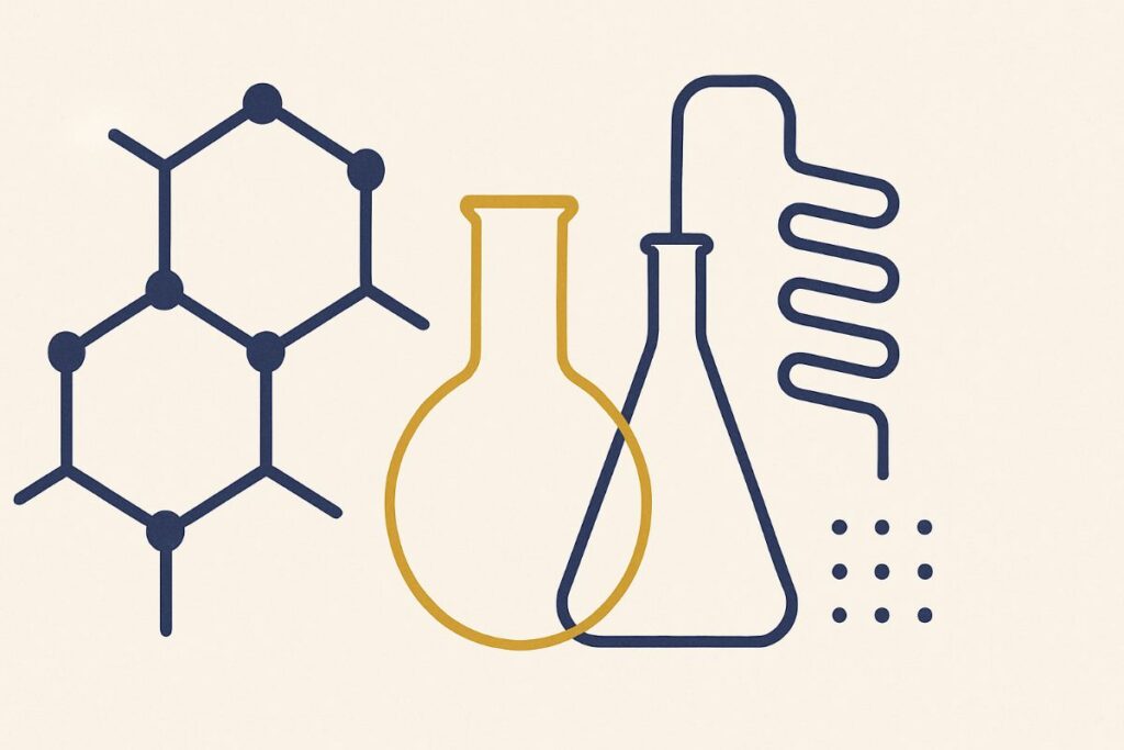 Illustration de la licence Chimie : structure moléculaire, verrerie de laboratoire et réseau cristallin