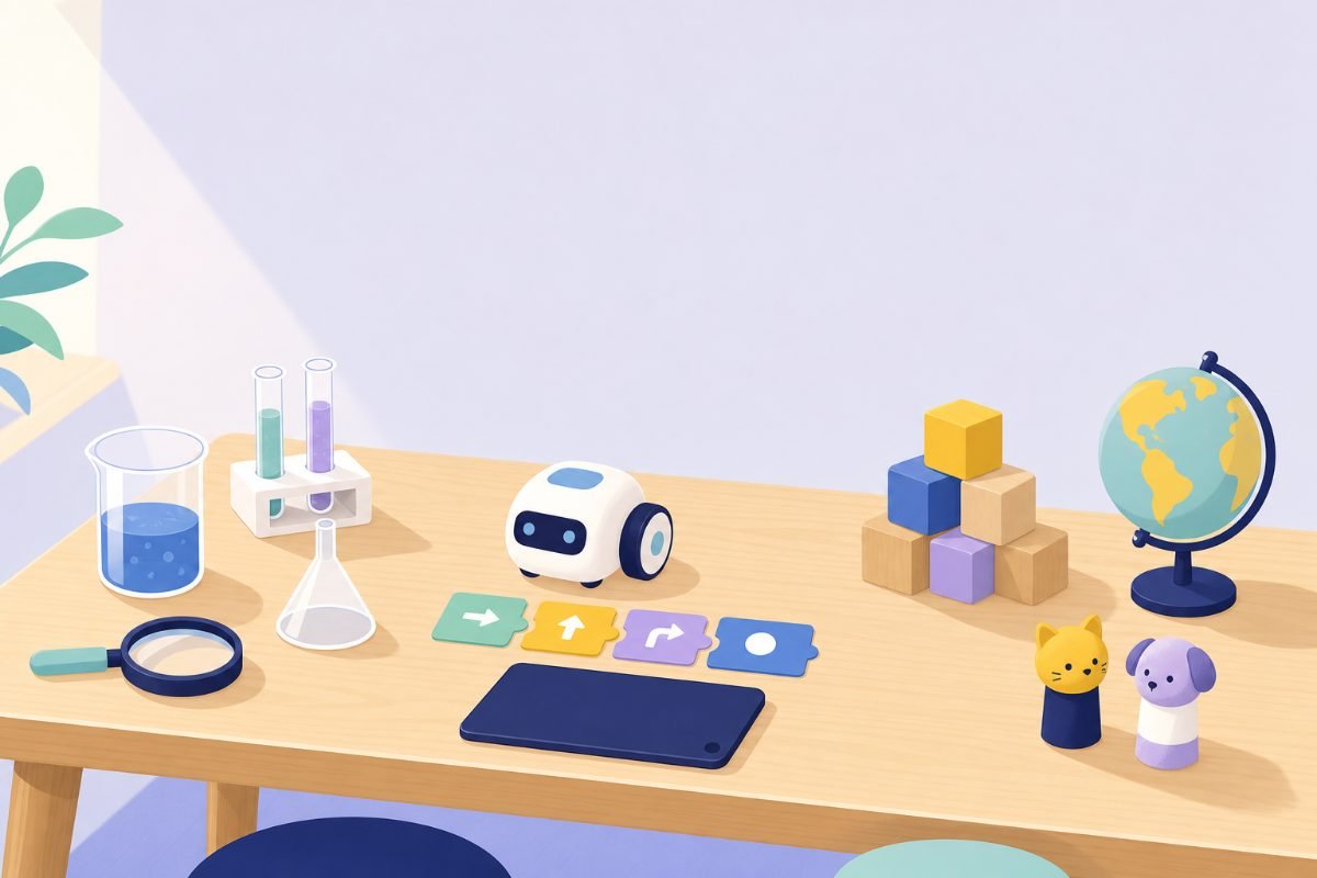 Ateliers scientifiques pour enfants à Toulouse : chimie, physique et SVT dès 3 ans 2 Illustration d'une table d'atelier avec bécher, éprouvettes, entonnoir et loupe
