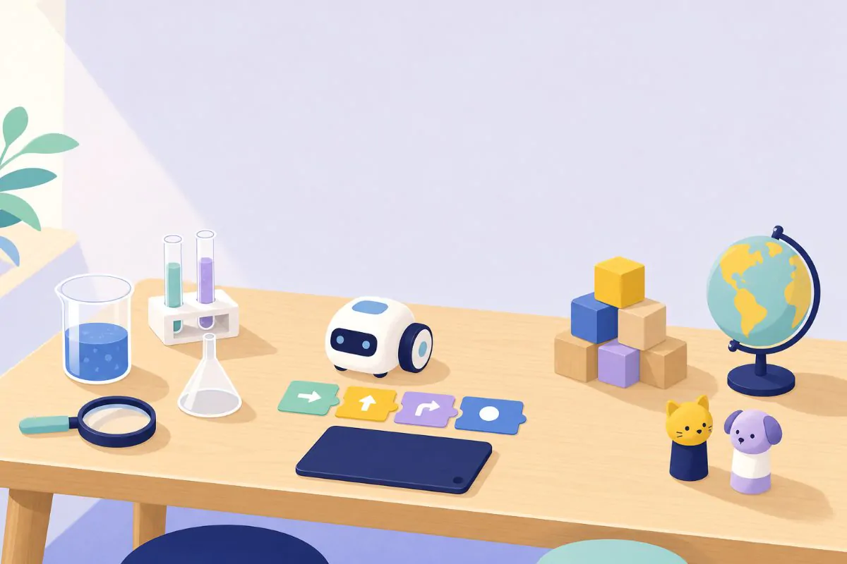 Ateliers scientifiques pour enfants à Toulouse : chimie, physique et SVT dès 3 ans 2 Illustration d'une table d'atelier avec bécher, éprouvettes, entonnoir et loupe