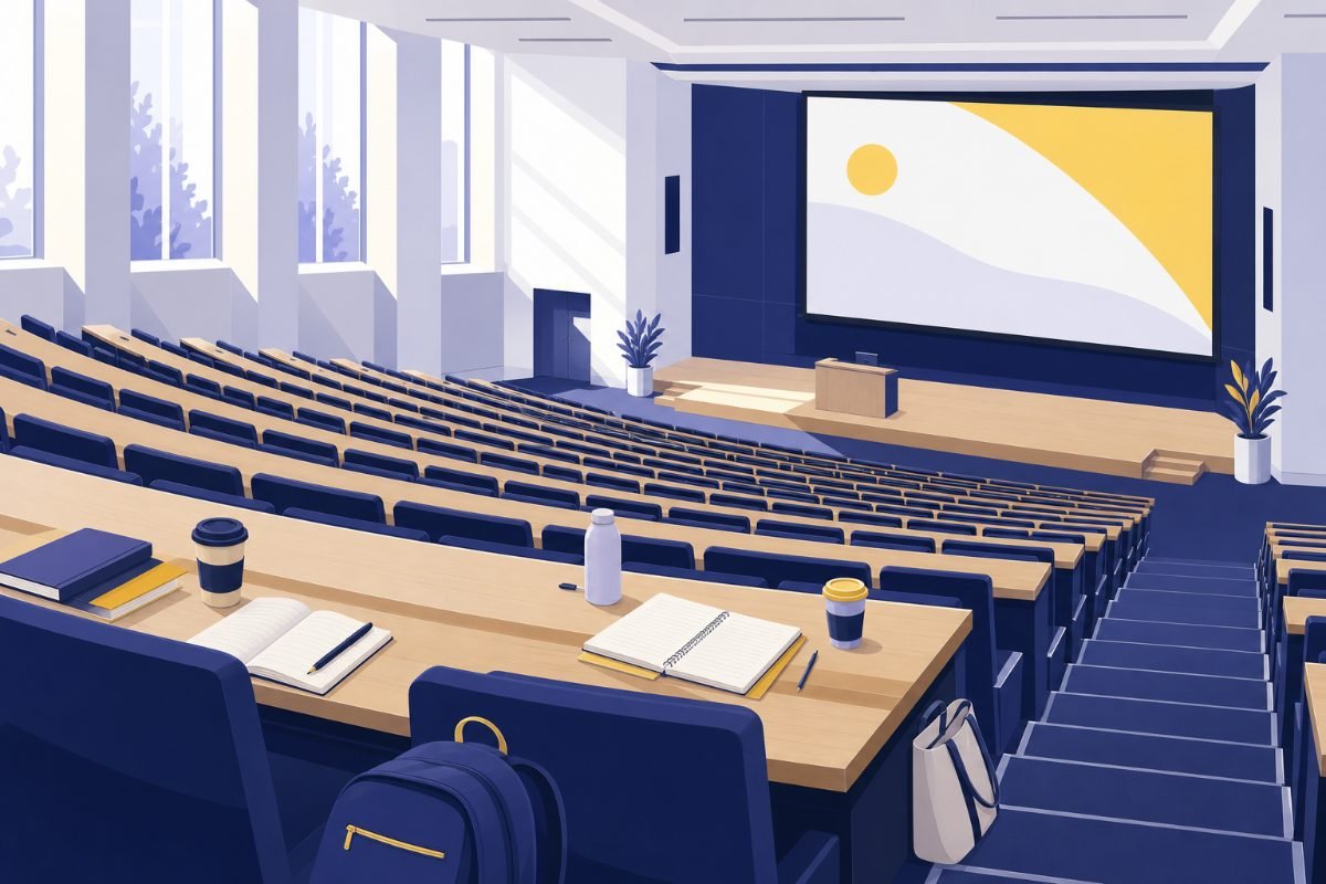 Amphithéâtre universitaire vide avant un cours magistral, cahiers et sacs posés sur les tablettes du premier rang