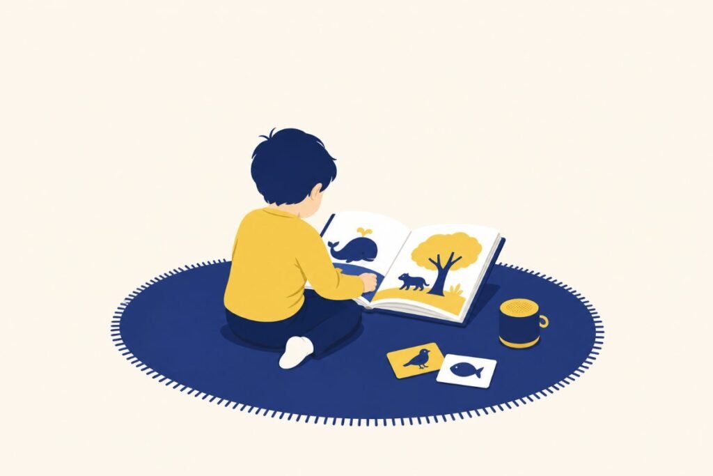 Enfant assis sur un tapis qui feuillette un album illustré en anglais, une enceinte et des cartes de vocabulaire posées à côté