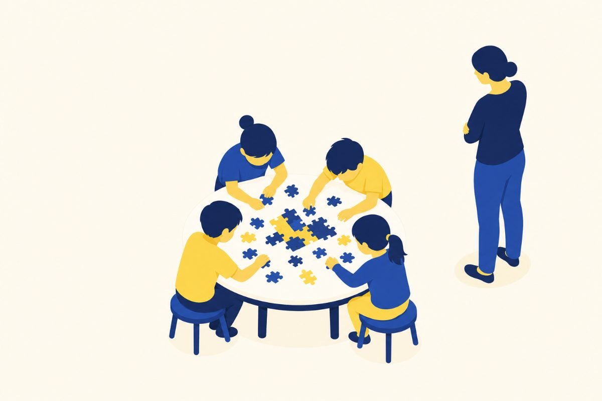 Ateliers informatique pour enfants à Toulouse : programmation, robotique et usages du numérique 1 Quatre enfants assemblent des pièces autour d'une table pendant un atelier informatique Mathésciences à Toulouse