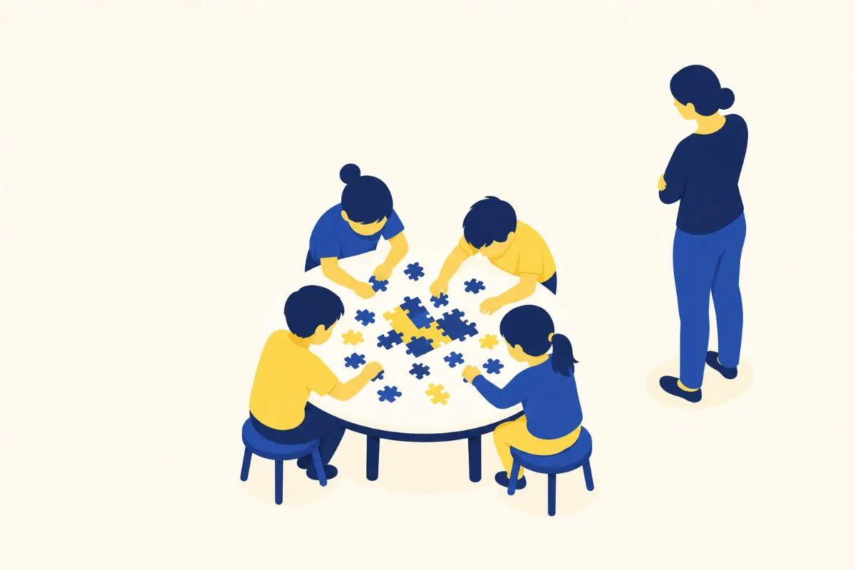 Apprendre à coder dès l'enfance : ce que ça développe vraiment 2 Quatre enfants assemblent des pièces autour d'une table ronde pendant qu'un adulte observe en retrait