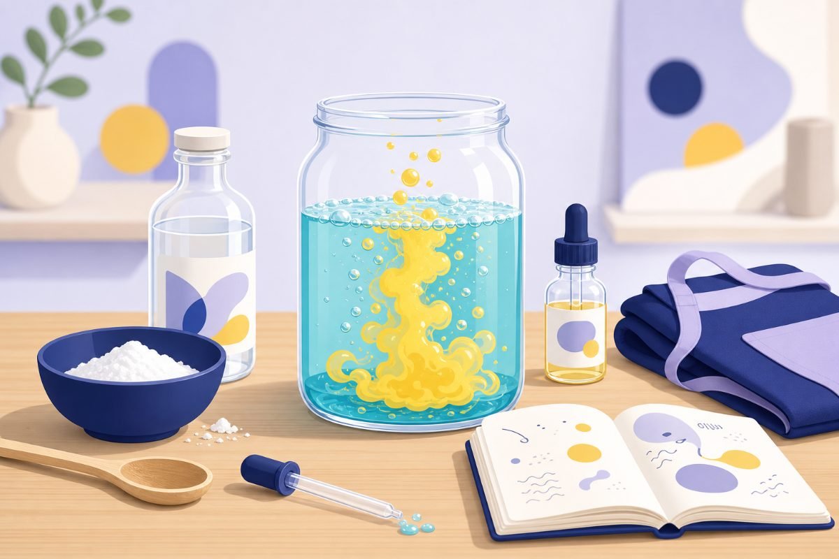 Expérience de chimie amusante à la maison : bocal transparent avec liquide coloré, vinaigre, bicarbonate et carnet d'observation