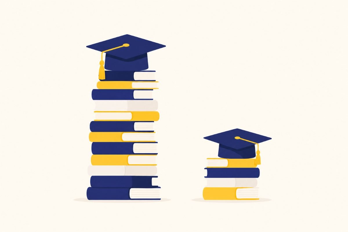 Sésame ou Accès : comment choisir son concours d'école de commerce ? 1 Deux piles de livres de hauteurs différentes, chacune surmontée d'une toque de diplômé, l'une pour un cursus en quatre ans, l'autre en cinq ans