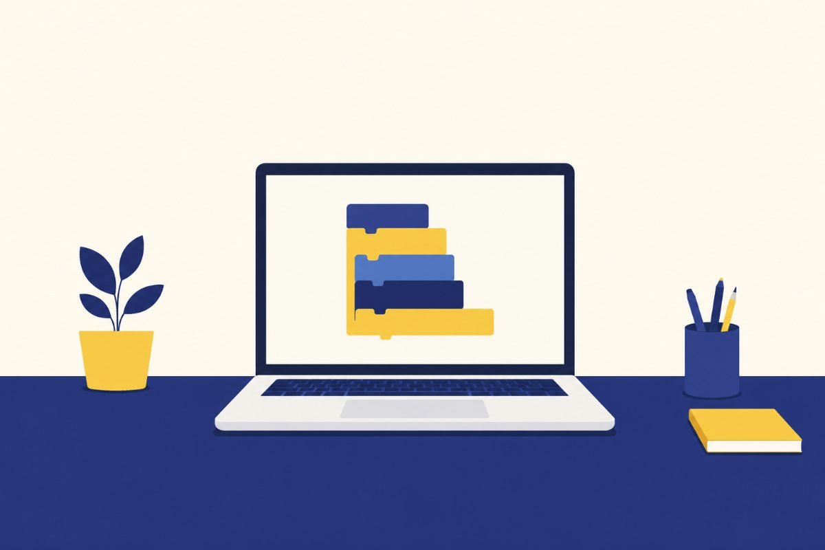 5 activités pour apprendre l'informatique en s'amusant 1 Ordinateur portable affichant une pile de blocs de programmation colorés emboîtés les uns dans les autres