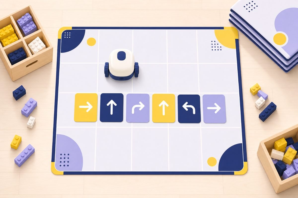 Tapis quadrillé vu de dessus avec un petit robot éducatif et une séquence de cartes de programmation fléchées