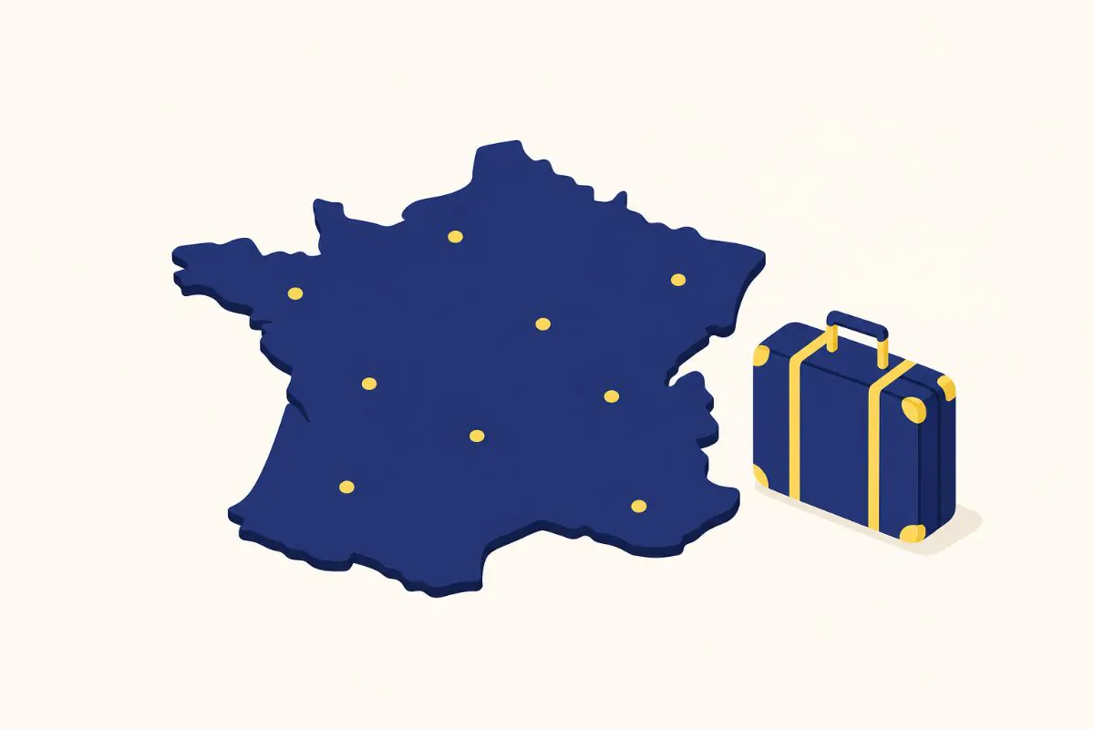 Carte de France stylisée avec des points repères et une valise, illustrant la dispersion des campus des écoles du concours Accès