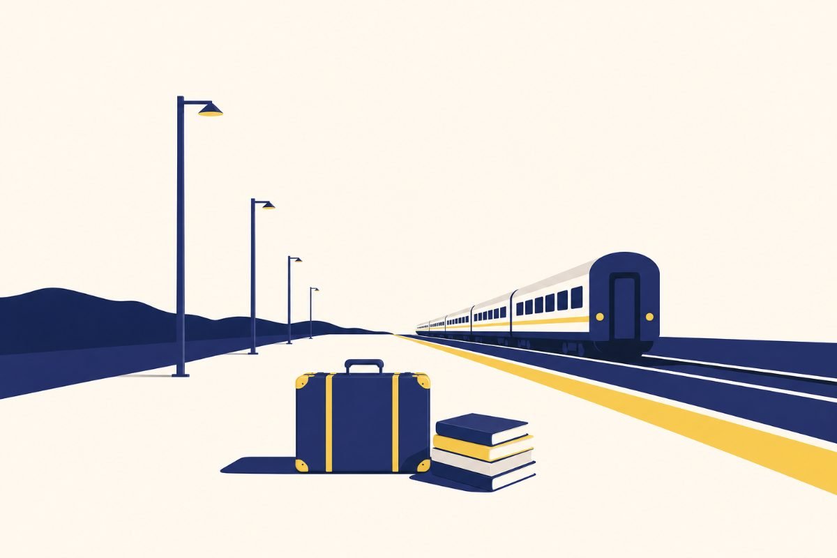 Valise et pile de livres posées sur un quai de gare, un train s'éloignant au second plan