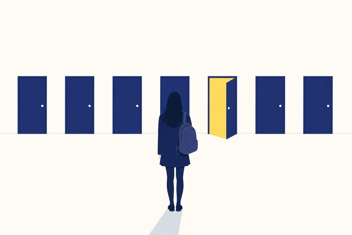 Lycéenne de dos avec un sac à dos devant une rangée de portes fermées dont une seule est ouverte