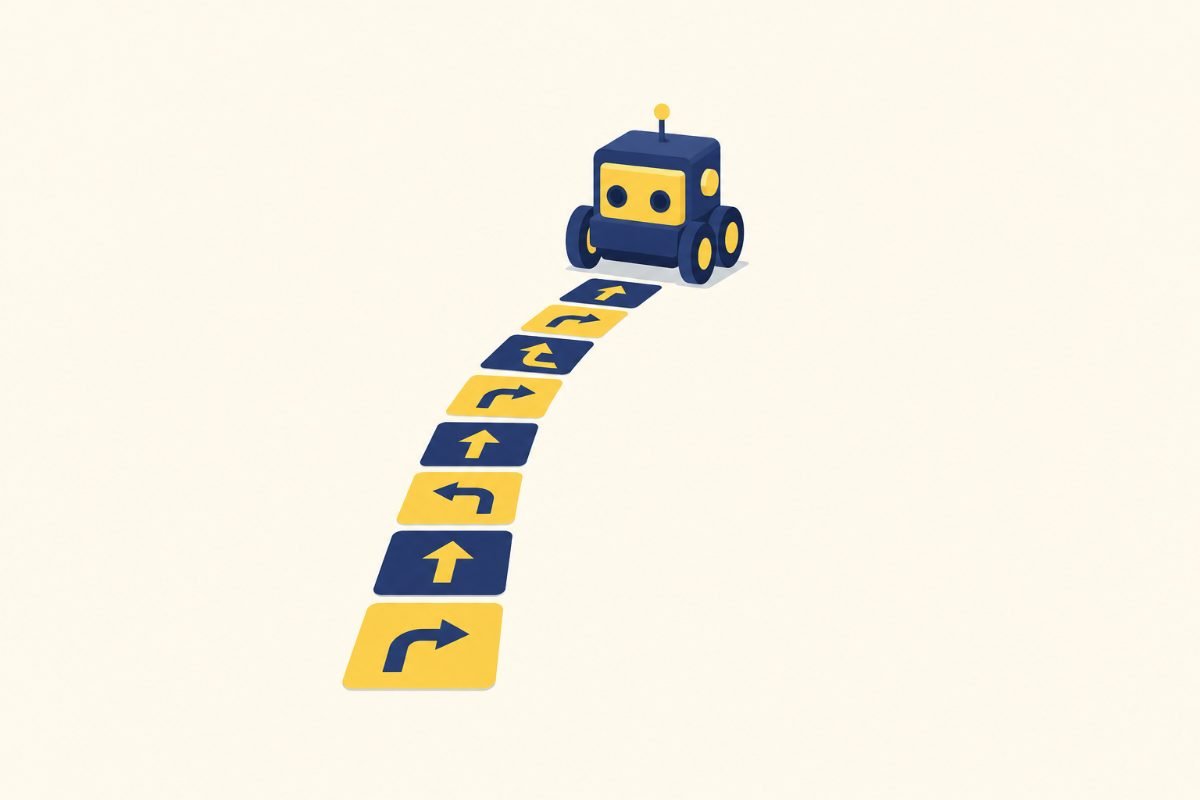 Apprendre à coder dès l'enfance : ce que ça développe vraiment 1 Suite de cartes fléchées posées au sol menant à un petit robot à roues, illustrant un programme de déplacement