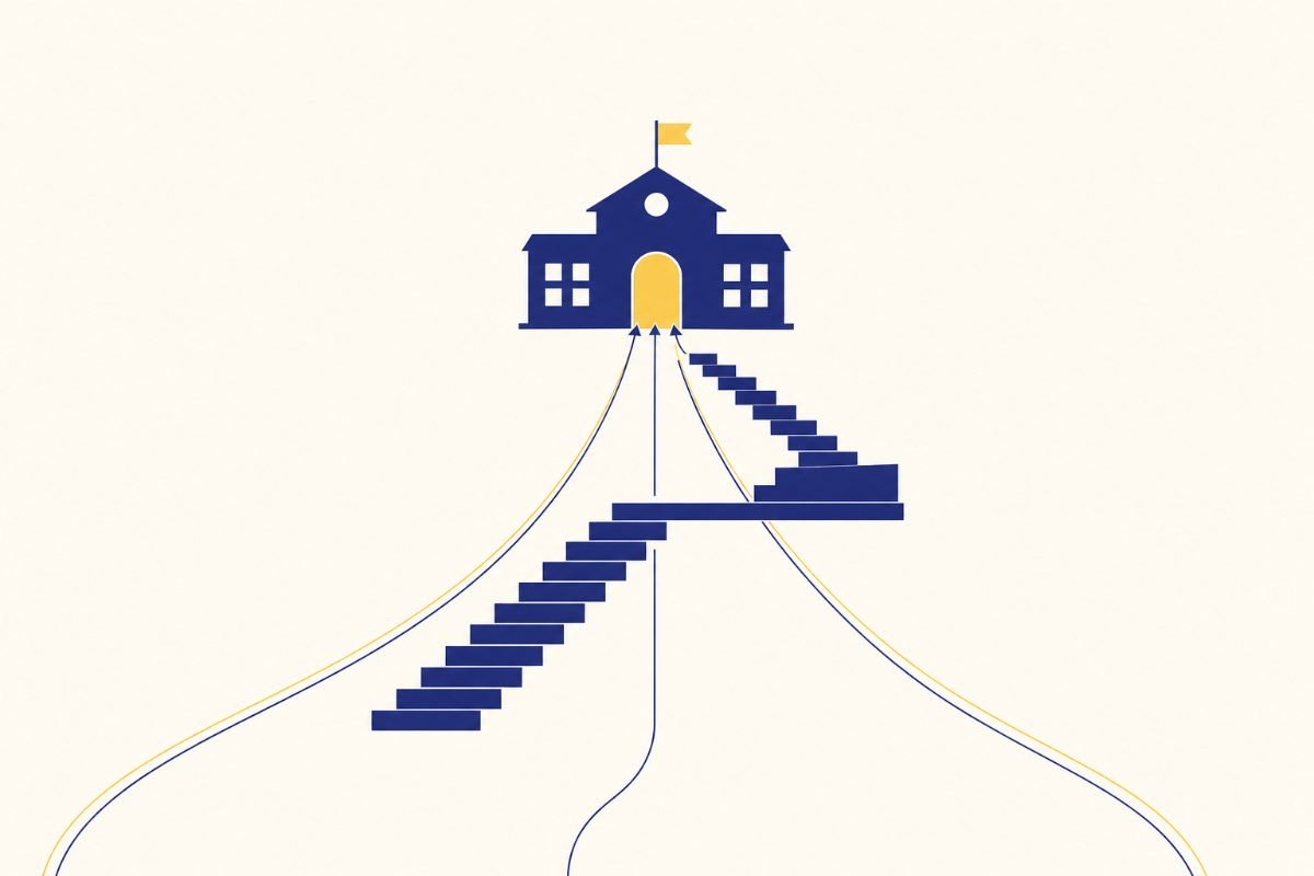 MPSI, PCSI, PTSI ou BCPST : quelles différences entre les prépas ? 1 Illustration : plusieurs escaliers et chemins qui convergent vers la porte d’une même école, image des voies de deuxième année de prépa qui mènent aux concours
