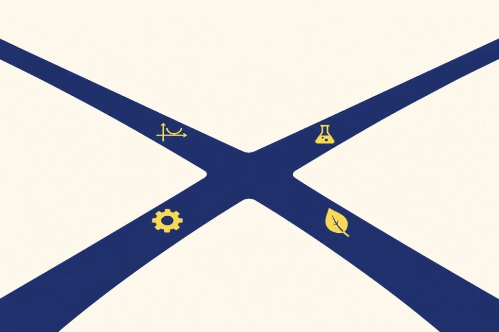 Illustration : un carrefour à quatre chemins, chacun marqué d'un symbole — courbe mathématique, fiole de chimie, engrenage, feuille — pour les quatre prépas scientifiques