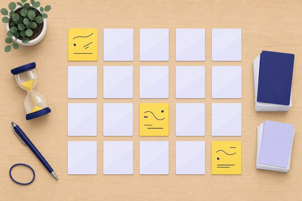 Comment organiser son travail en PASS ou en LAS : la semaine type 1 Fiches de révision posées face cachée en grille, trois retournées, avec un sablier — entraînement à la restitution