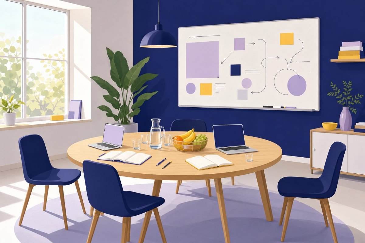 Comment organiser son travail en PASS ou en LAS : la semaine type 2 Salle de travail avec table ronde, cahiers ouverts et tableau blanc couvert de schémas — travail en petit groupe