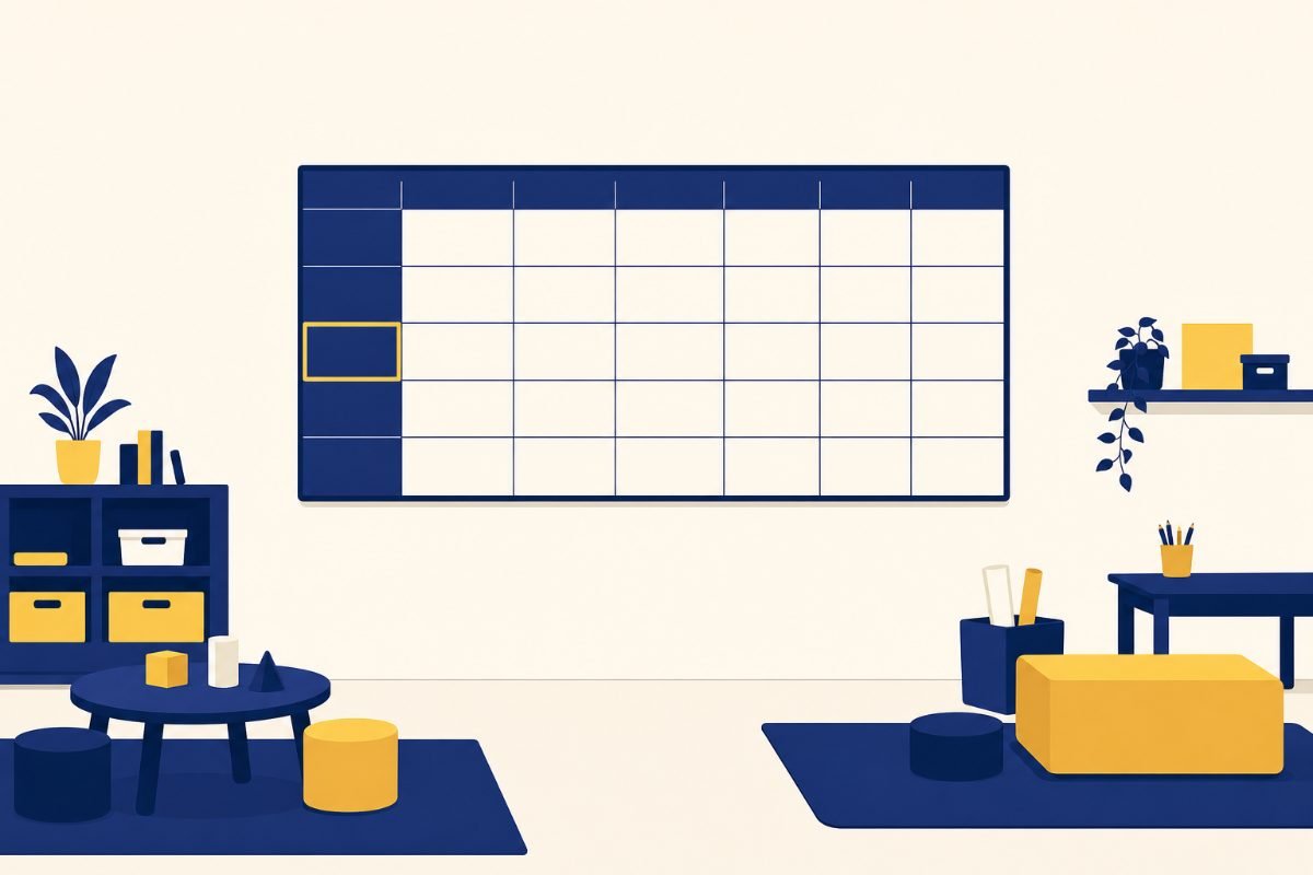 Illustration plate : un tableau de planning hebdomadaire affiché au mur d'une salle d'activités, une cellule de la colonne d'en-têtes encadrée en jaune